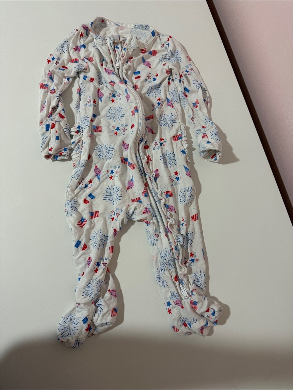 Unbranded Kids White Footed One-Piece with Red & Blue Fireworks Print